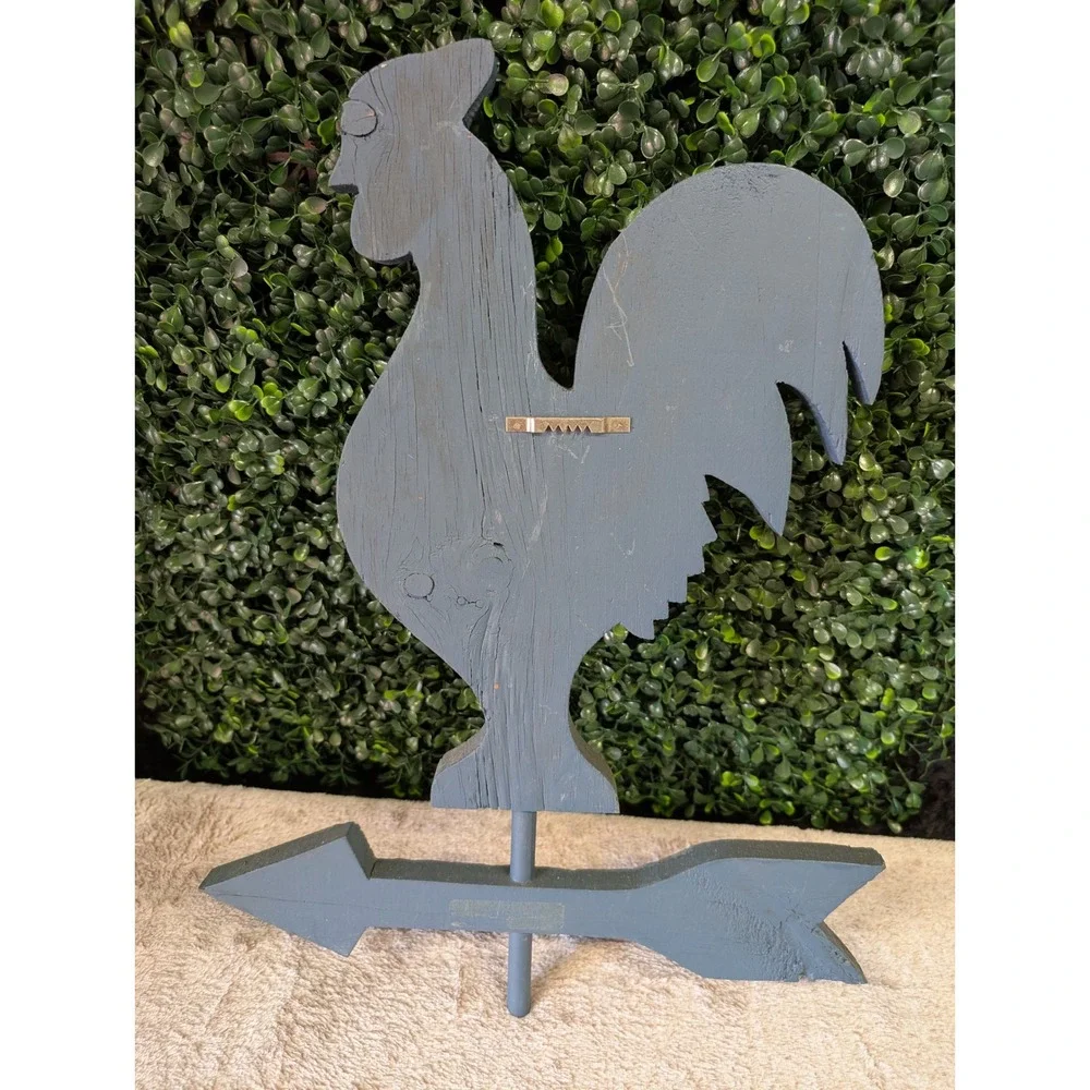 Handmade Wood Distressed Blue Rooster Weathervane Folk Art Wall Decor